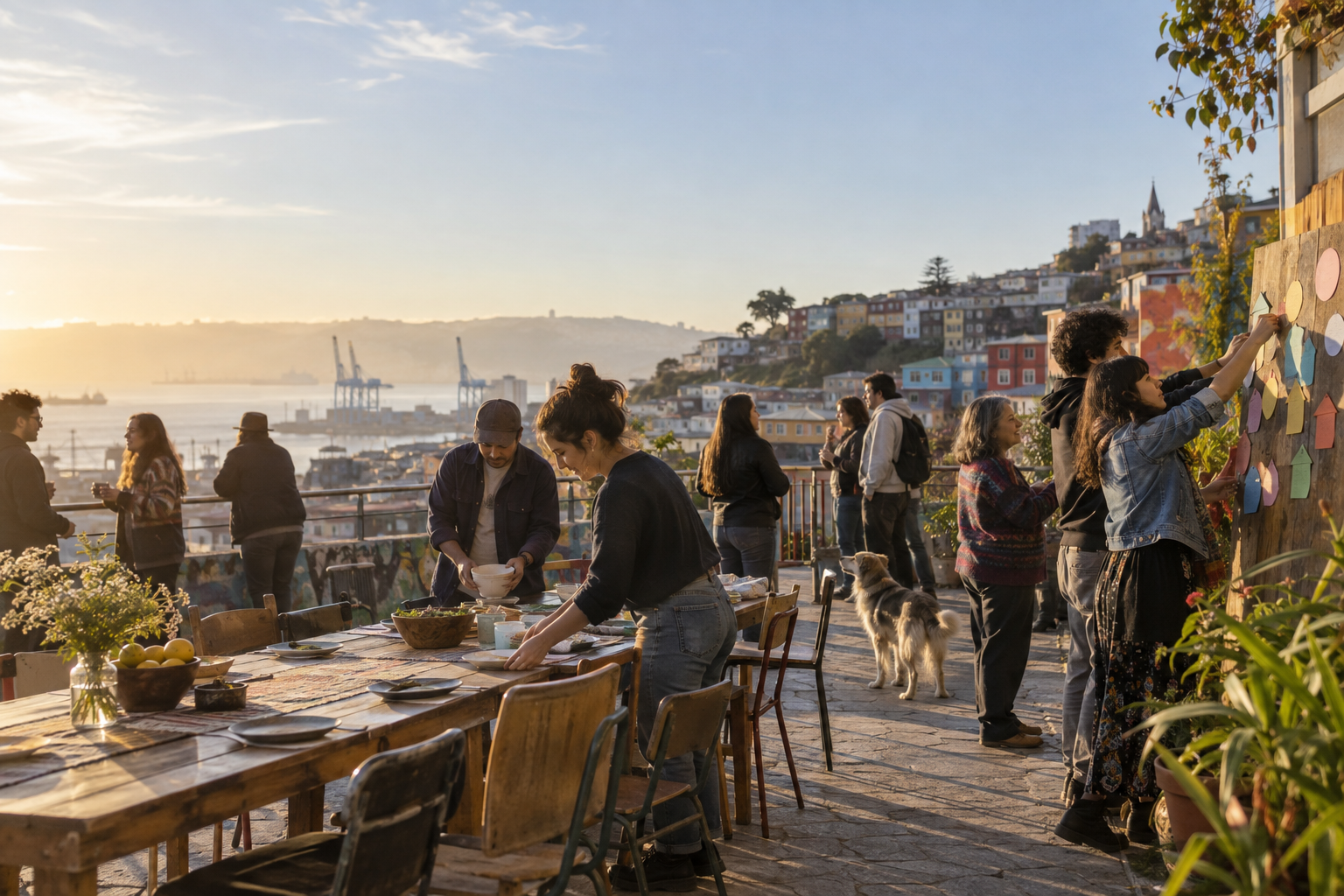 Vecinas y vecinos preparan una mesa comunitaria en Valparaíso